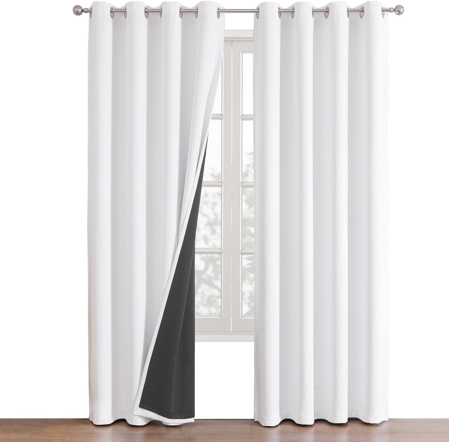 ChrisDowa White 100% Blackout Curtains for Bedroom with Black Liner, 2 Thick Layers Total Blackout Thermal Insulated Grommet Window Curtain…