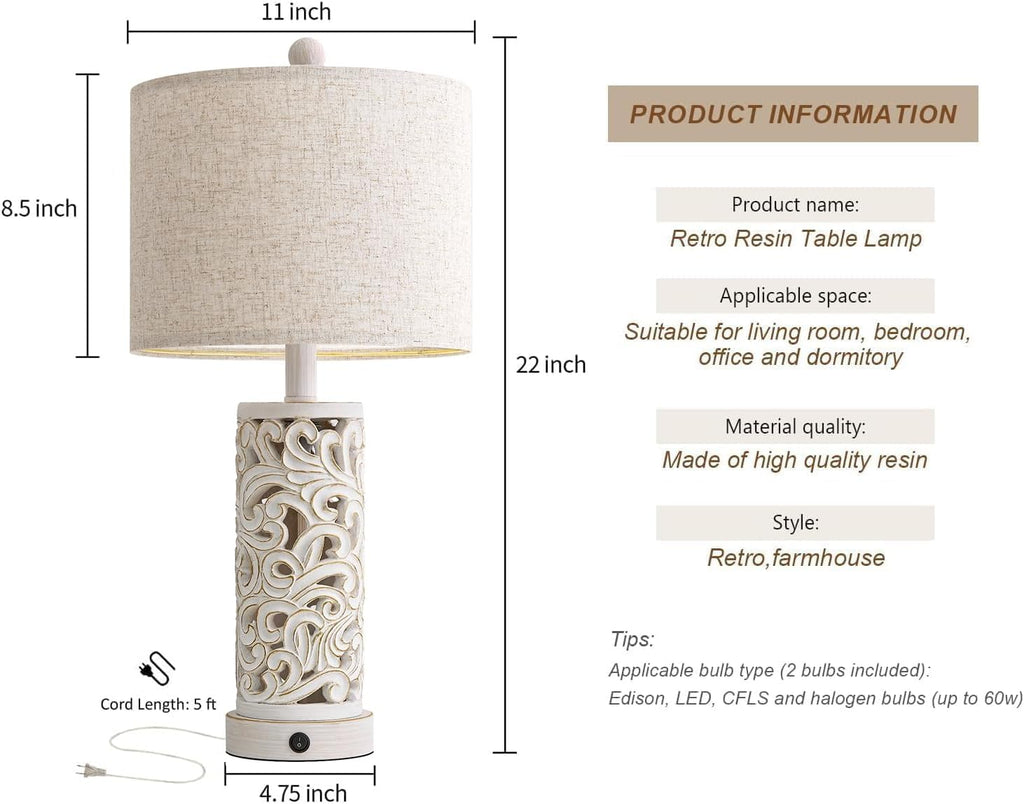 Oyears 22'' Table Lamp Set of 2 for Living Room, Farmhouse Lamp for for Bedroom, Vintage Retro Bedside Lamps with USB Ports Linen Shade for H…