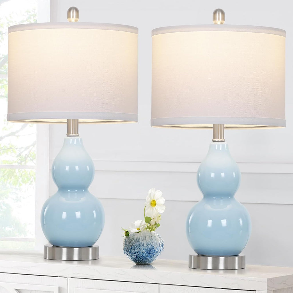 Rinweey Double Gourd Ceramic Table Lamps Set of 2, Modern Blue Bedside Lamps for Night Stand, Contemporary Nightstand Lamps for Bedroom…