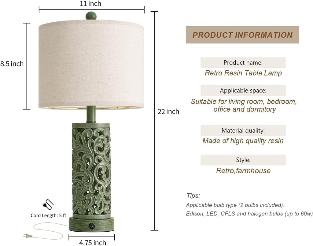 Oyears 22'' Table Lamp Set of 2 for Living Room, Farmhouse Lamp for Bedroom, Vintage Bedside Lamps with Retro Design and USB Ports, Linen S…