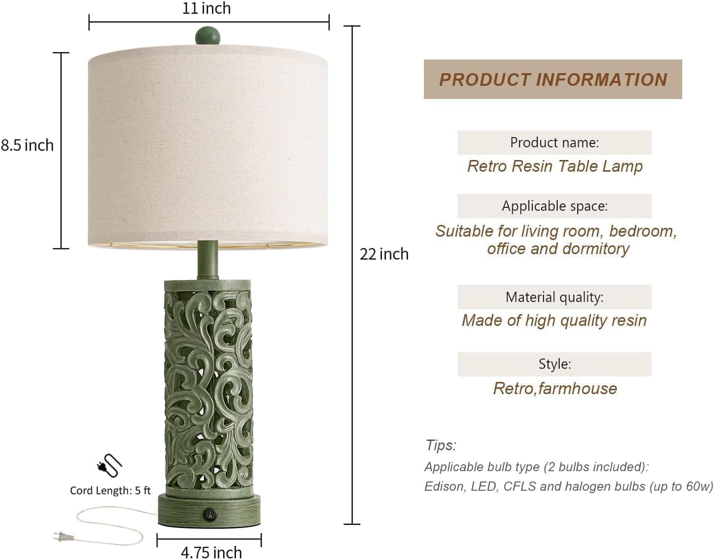 Oyears 22'' Table Lamp Set of 2 for Living Room, Farmhouse Lamp for Bedroom, Vintage Bedside Lamps with Retro Design and USB Ports, Linen S…