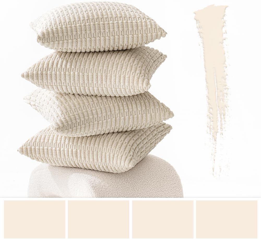 Miulee Pack of 4 Cream White Corduroy Christmas Decorative Throw Pillow Covers 18x18 Inch Soft Boho Striped Pillow Covers Modern Farmhouse…