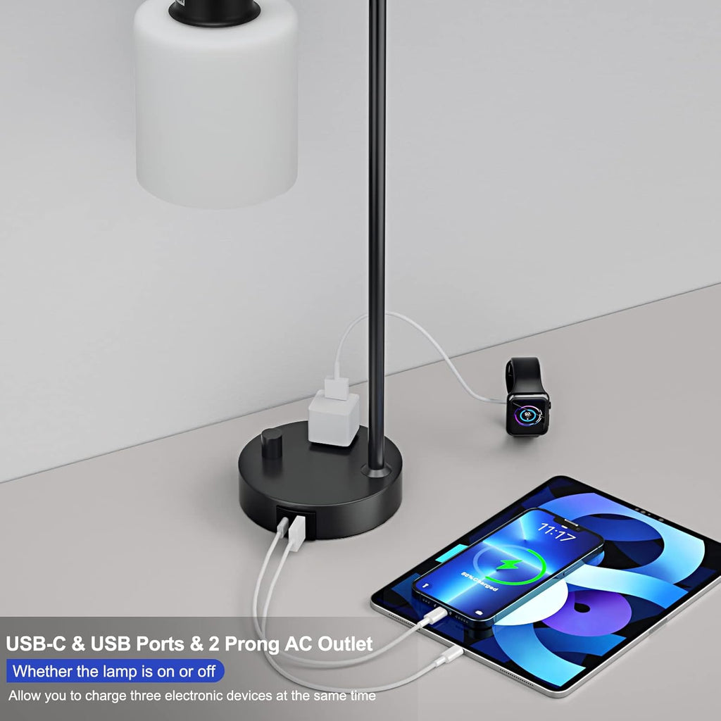 Industrial Bedroom Table Lamps for Bedside - White Opal Glass Shade Desk Lamps with USB C Port, Fully Dimmable Black Lamps with USB Port…