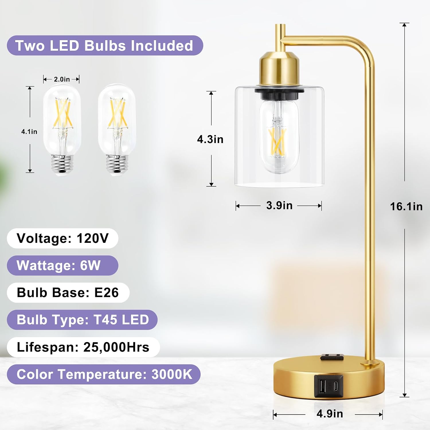 Innqoo Industrial Gold Table Lamp for Bedrooms Set of 2-3-Way Dimmable Desk Lamp with USB C+A Ports and Outlet, Gold Lamps with Clear…