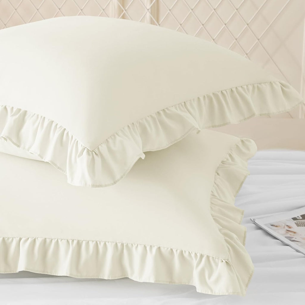 KKJIAF Ruffle Pillow Cases 18x18 Inches, Beige Square Ruffled Pillow Covers Set of 2, Microfiber Wrinkle Resistant Pillow Shams with…