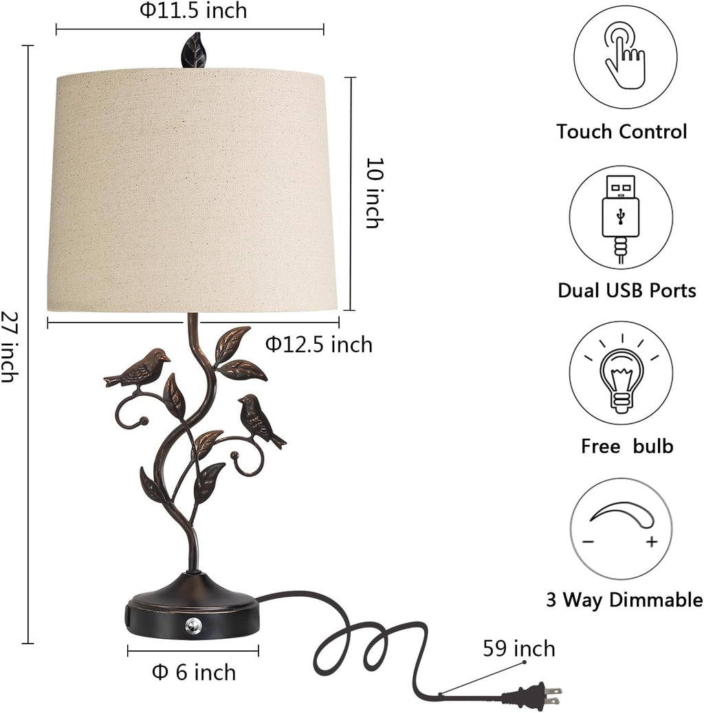 27" Set of 2 Touch Farmhouse Table Lamps for Living Room with 3-Way Dimmable 2 USB Ports, Vintage Rustic Iron Leaf Nightstand Lamp for…