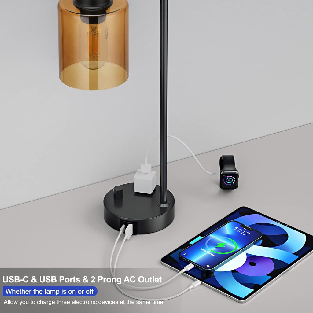 Innqoo Industrial Small Desk Lamp for Nightstand - Amber Clear Glass Shade Table Lamp with USB C Port, Fully Dimmable Black Bedside Lamp…