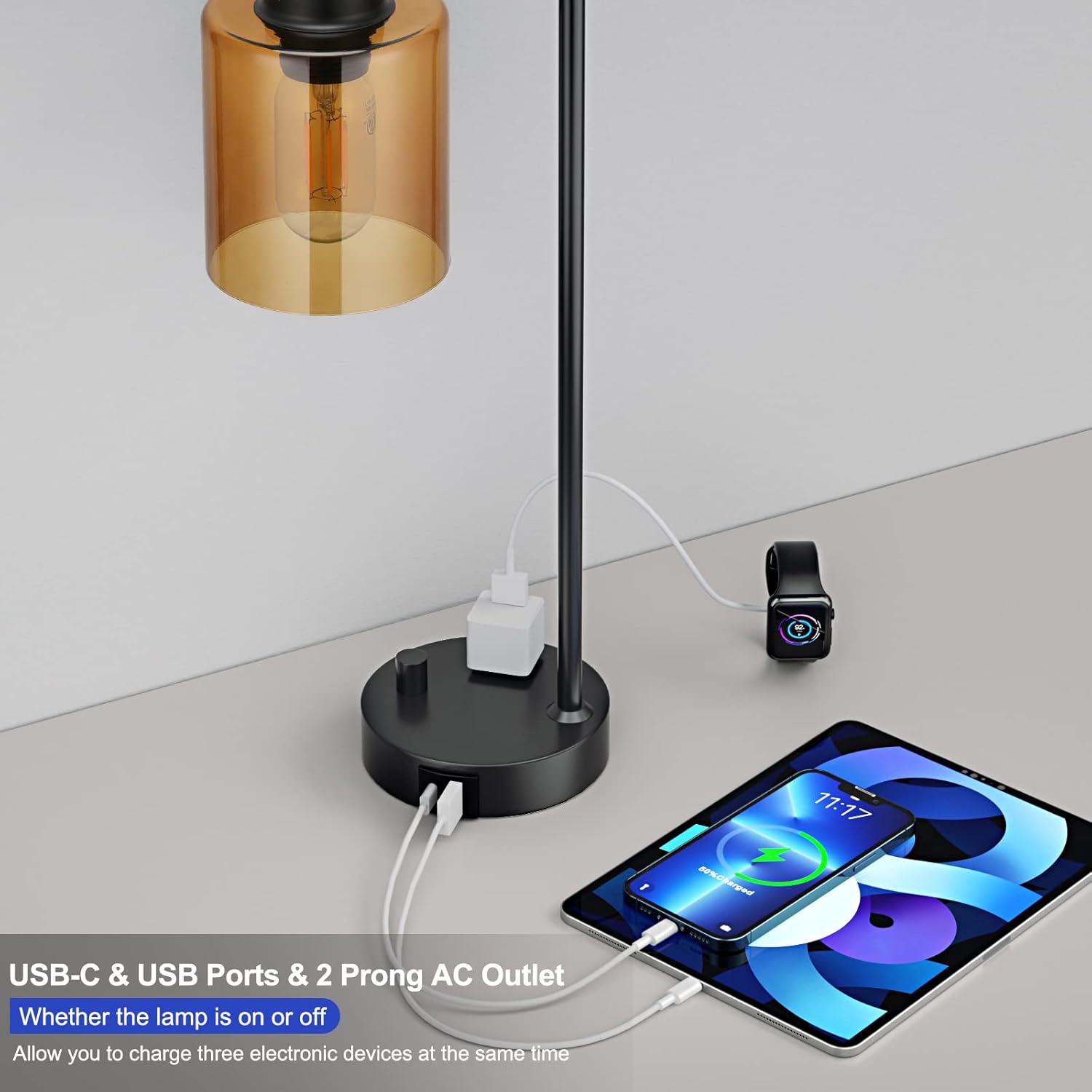 Innqoo Industrial Small Desk Lamp for Nightstand - Amber Clear Glass Shade Table Lamp with USB C Port, Fully Dimmable Black Bedside Lamp…