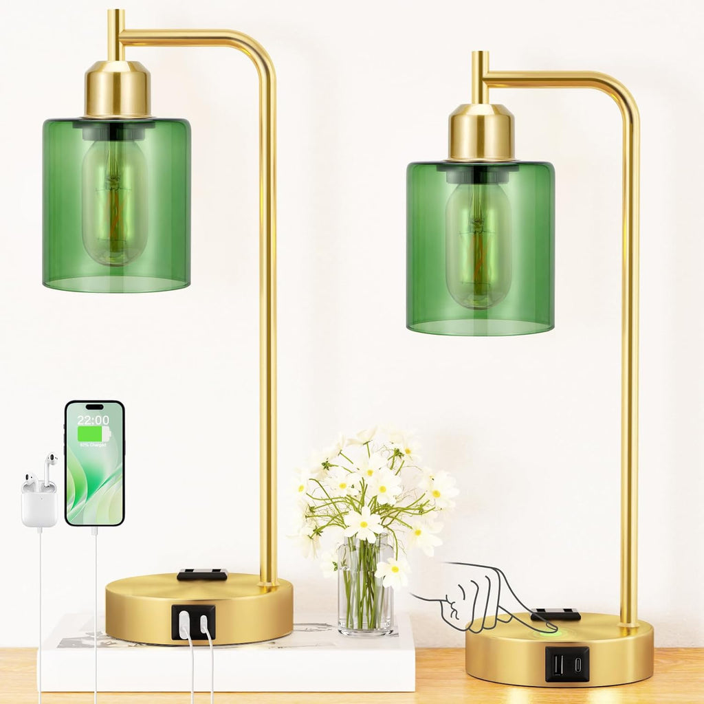 Innqoo Industrial Green Table Lamps for Bedrooms Set of 2-3-Way Dimmable Desk Lamp with USB C+A Ports and Outlet, Gold Lamps with Green…