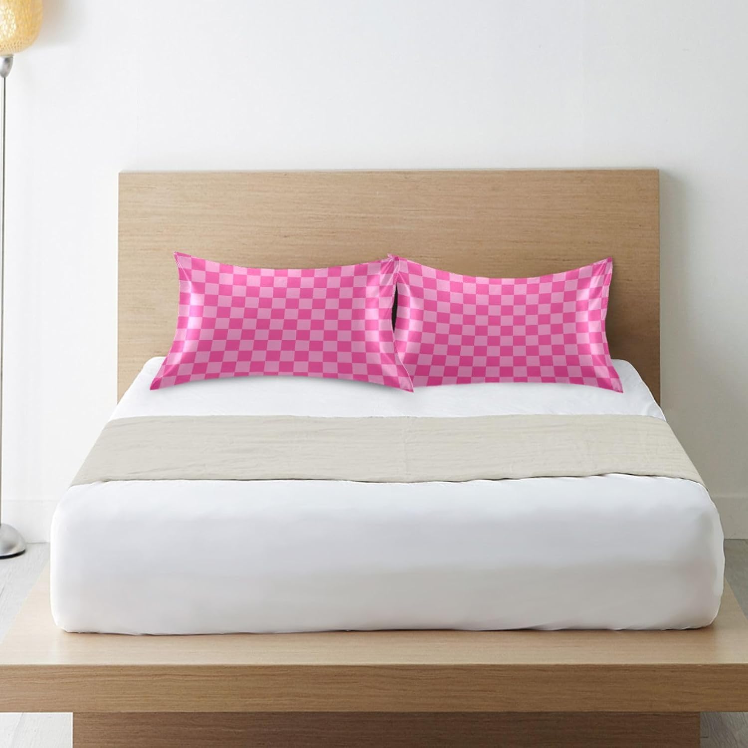 Pink Checkered Pillow Covers Silk Pillowcase for Hair and Skin Breathable Soft Cooling Satin Pillowcase Standard Size Pillow Case for…