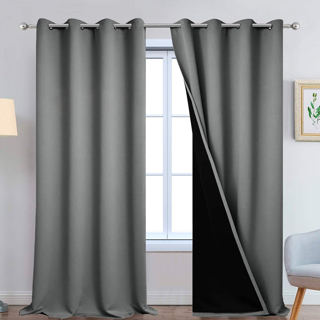 Yakamok Gray 100% Blackout Curtains Energy Saving Thermal Insulated 2 Thick Layers Completely Blackout Drapes with Black Liner for Bedroom…