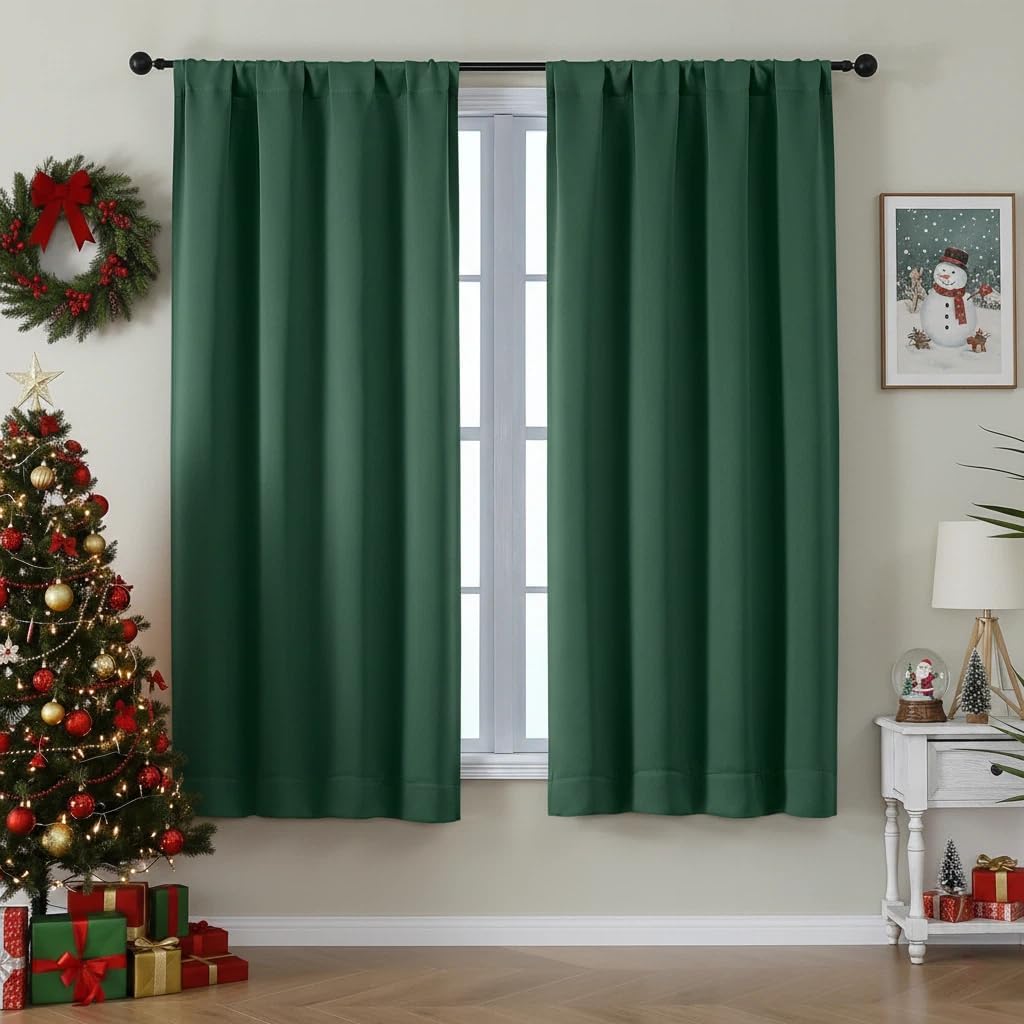 Simplebrand Ava Ever Green Blackout Curtains for Bedroom 63 Inch Length 2 Panels Set, Thermal Insulated Energy Saving Rod Pocket Window Tre…