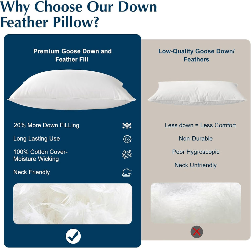 Lianlam Goose Feather Down Pillow Queen Size, 3-Chamber 5 Star Hotel Pillow for Deep Sleep, Soft Bed Pillows for Neck, Perfect for Side, B…