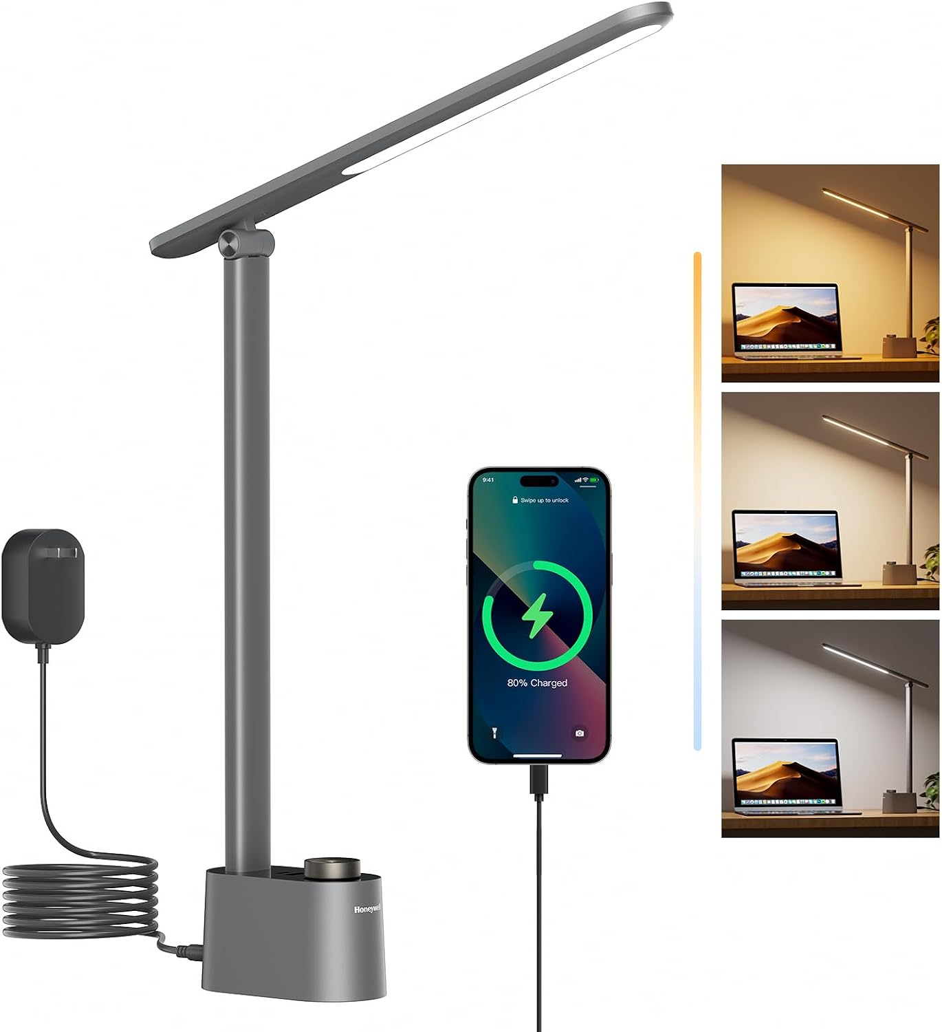 HoneywellAirComfort Honeywell LED Desk Lamp-Upgraded H01 Desk Lamps for Home Office with USB A+C Charging Ports, Stepless Dimmable Eye Carin…
