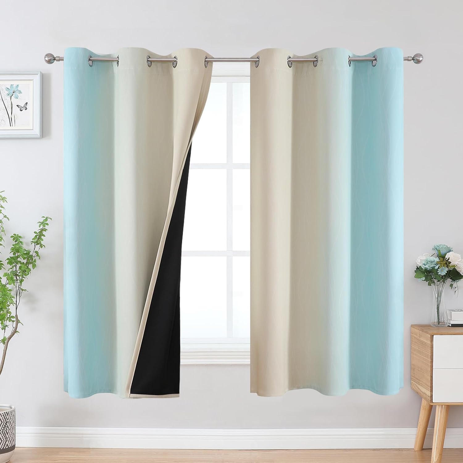 Estelartextiler Estelar Textiler Aqua and Beige Blackout Curtains & Drapes for Bedroom, Thermal Insulated Ombre Blackout Drapes, Room Darke…