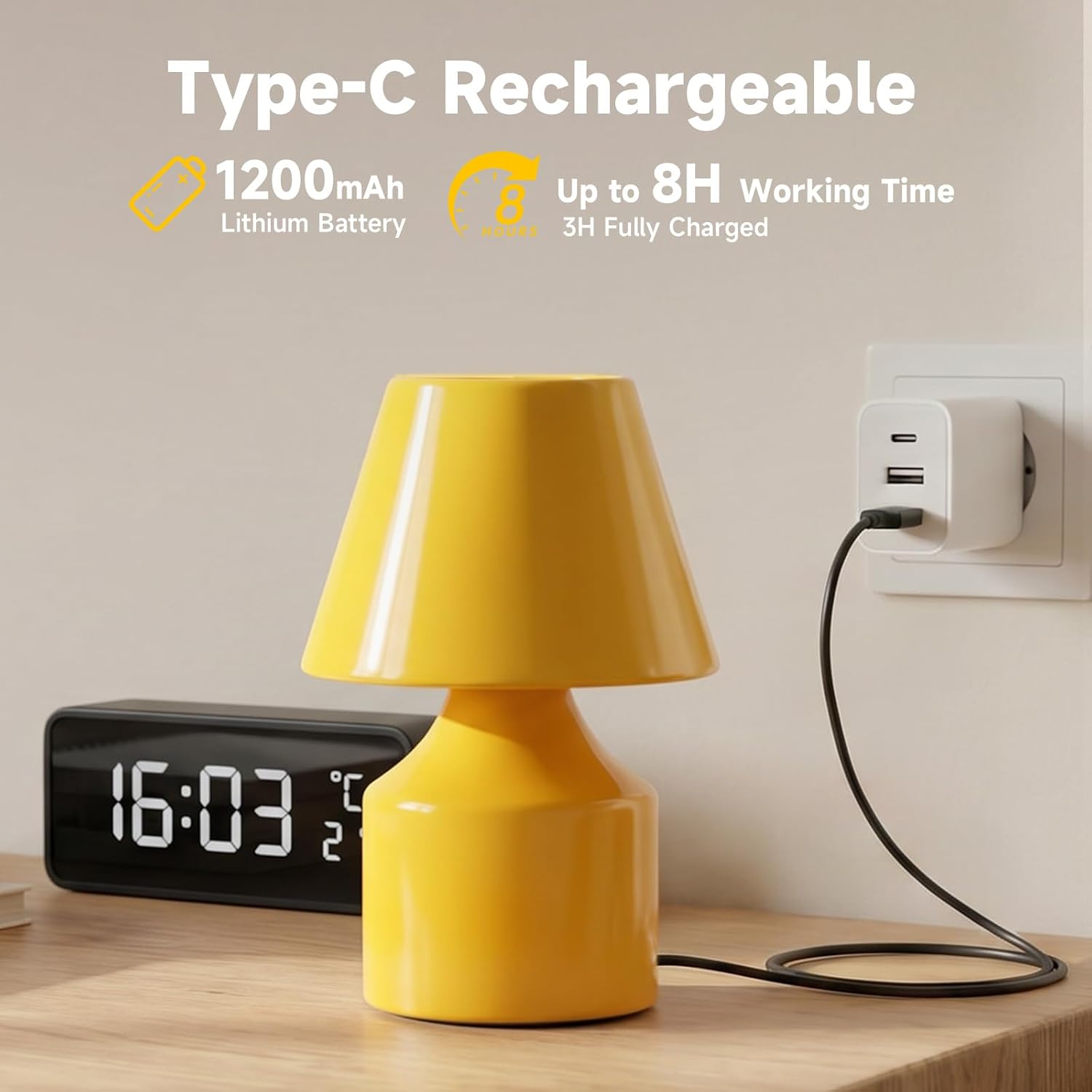 AUGE LIGHT Mini Tap Lamp, Touch Control Night Light, Type-C Rechargeable Cordless Table Lamp, for Bedroom, Living Room, Kids’ Gift, Yellow