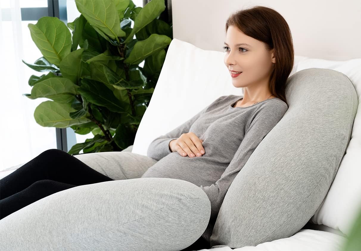 INSEN Pregnancy Pillow for Sleeping, Maternity Pillow with Jersey Cotton Cover, C Shaped Body Pillow for Pregnant (Natural Gray)