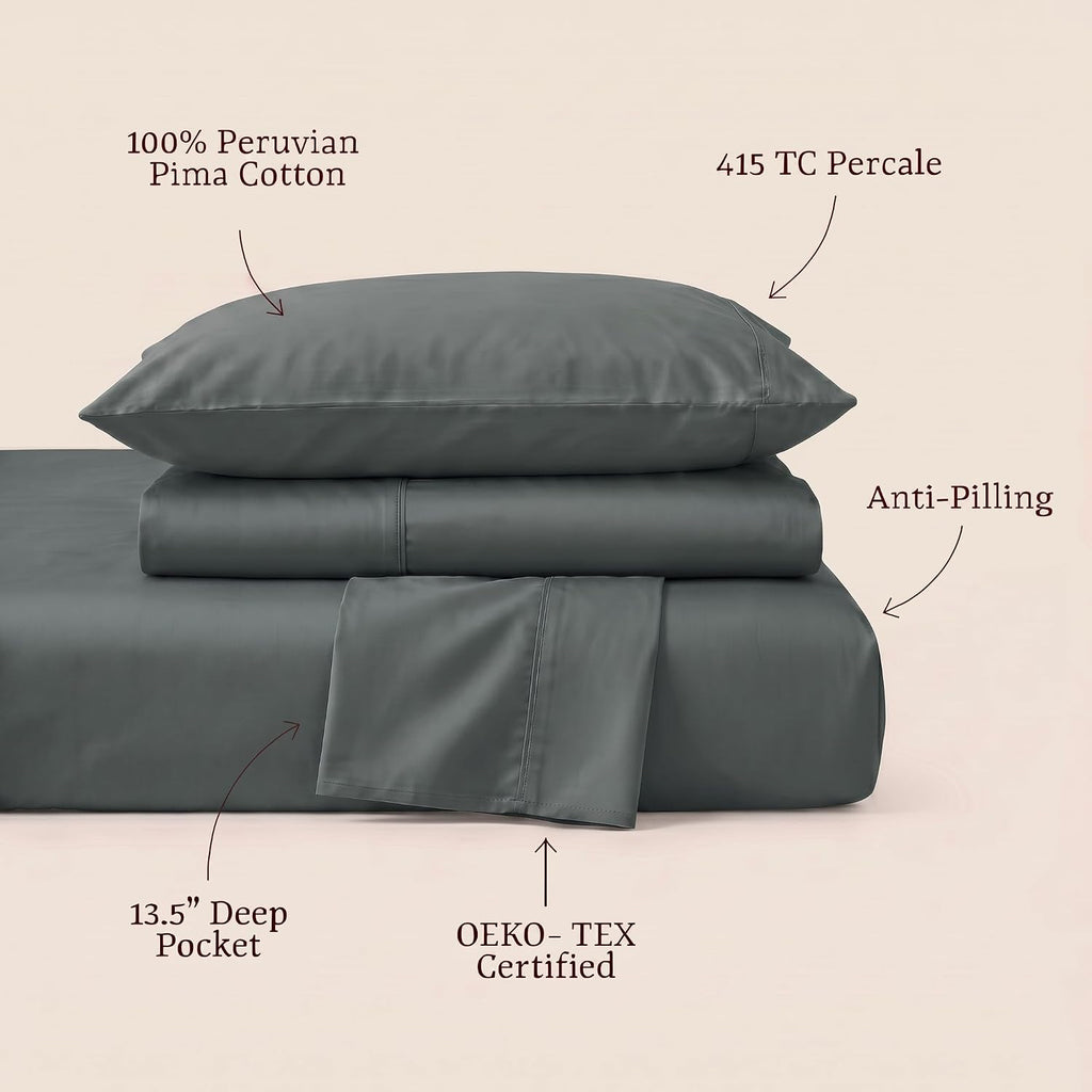 Perupima Peru Pima 415 Thread Count Percal Full Sheet Set - 100% Peruvian Pima Cotton, 4 Piece (Flat, Fitted, 2 Pillowcases) - Cooling, Cri…
