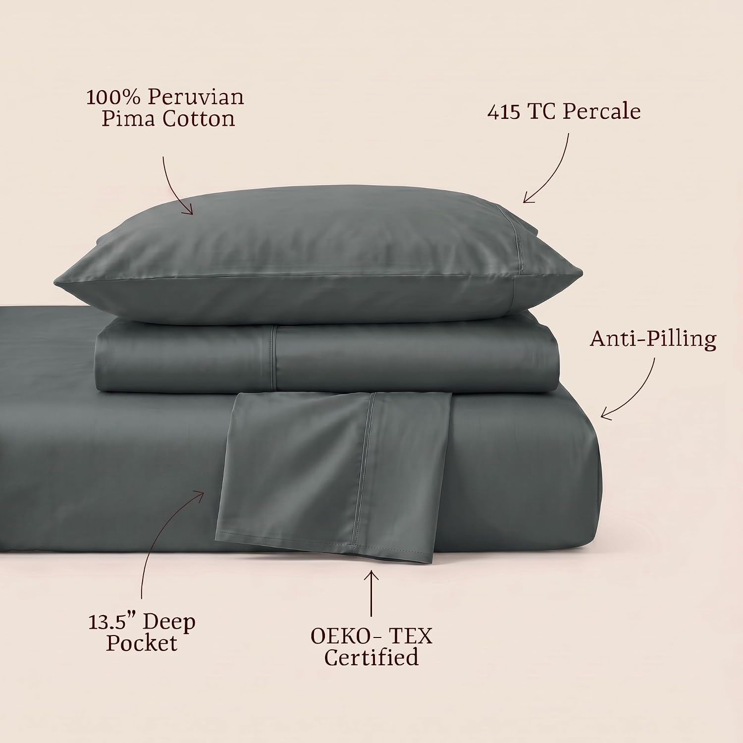 Perupima Peru Pima 415 Thread Count Percal Full Sheet Set - 100% Peruvian Pima Cotton, 4 Piece (Flat, Fitted, 2 Pillowcases) - Cooling, Cri…