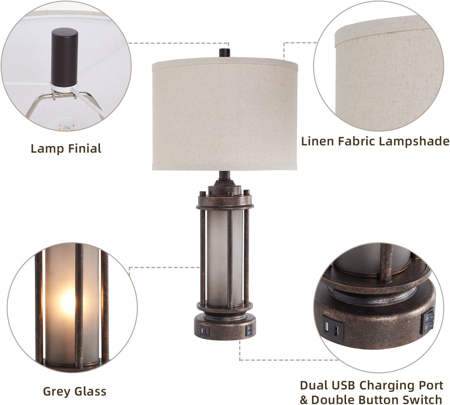 Set of 2 Farmhouse Lamps for Living Room, Rustic Vintage Bedroom Nightstand Table Lamp with 2 USB Charging Ports, Built-In Frosted Glass…