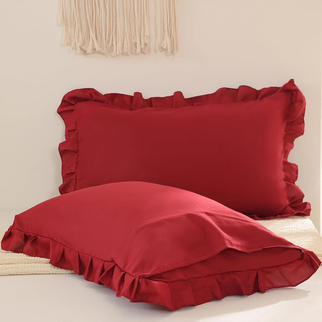 Merryword Burgundy Pillow Shams Standard Pillowcases 20x26inch Cute Ruffle Solid Pillow Cover Set of 2 Shabby Chic Soft Red Pillowcases Red