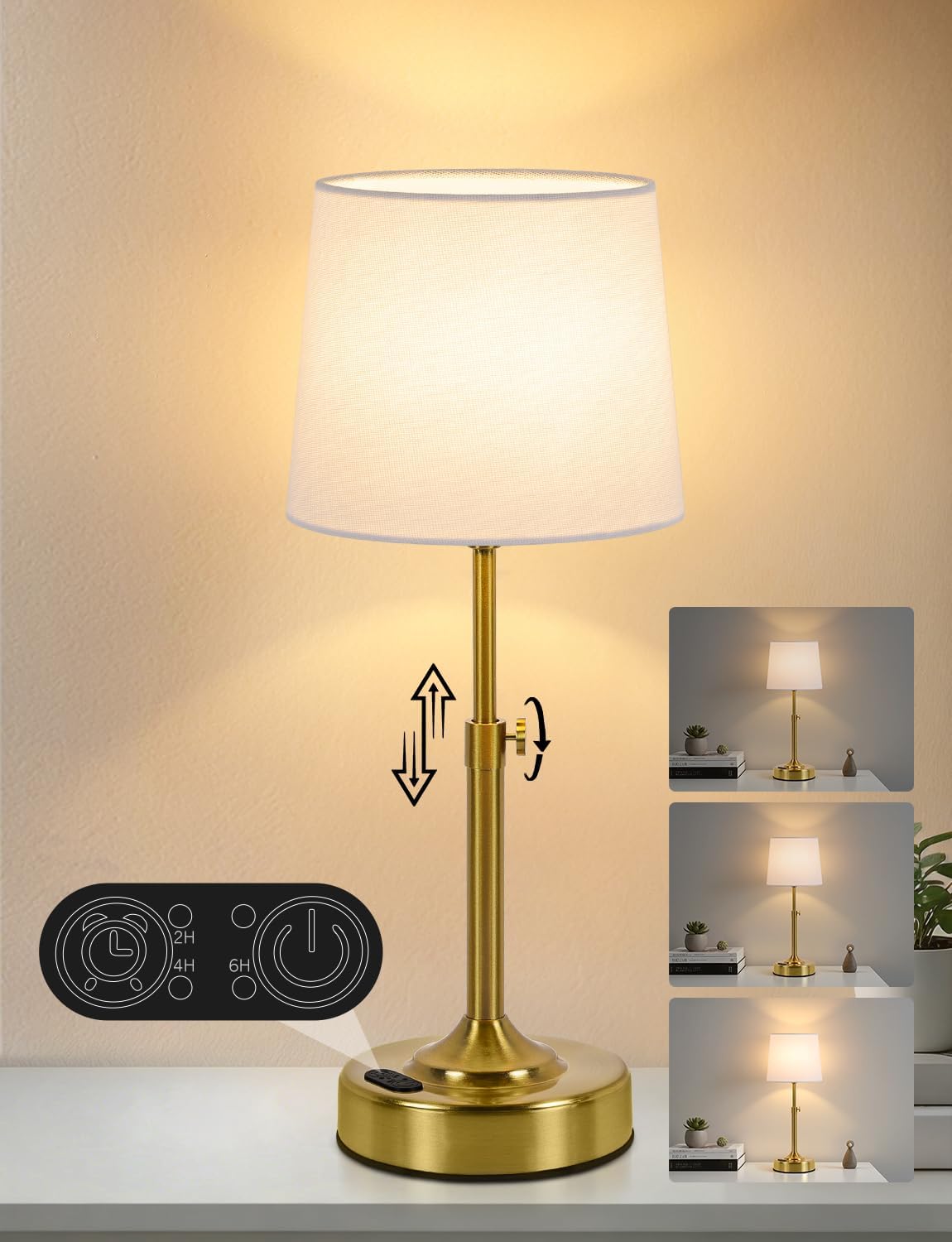 Height Adjustable Rechargeable Table Lamp with Timer, Dimmable Cordless LED Desk Lamp, 4000mAh Battery Operated Table Lamps, Gold…
