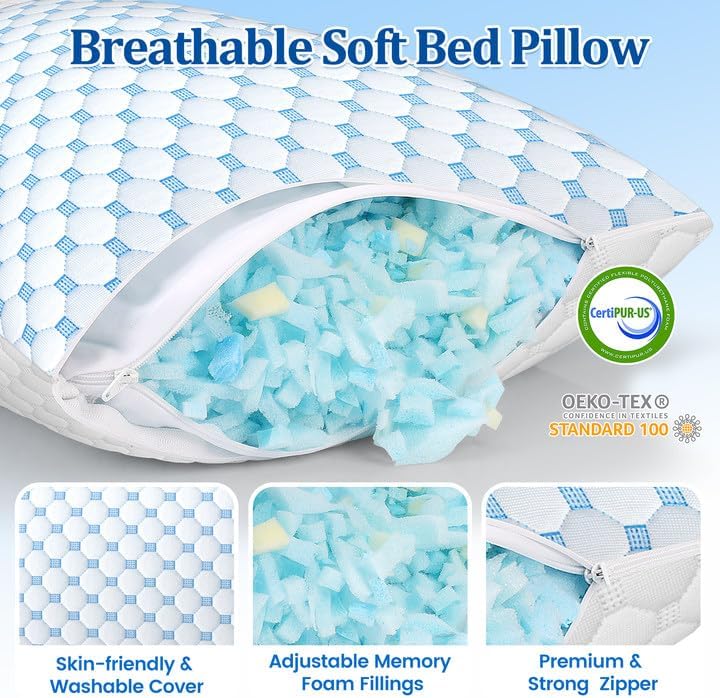 CloudBliss Cooling Bed Pillows for Sleeping, Shredded Memory Foam Pillows with Washable & Breathable Pillowcase, Adjustable Height Pillow f…
