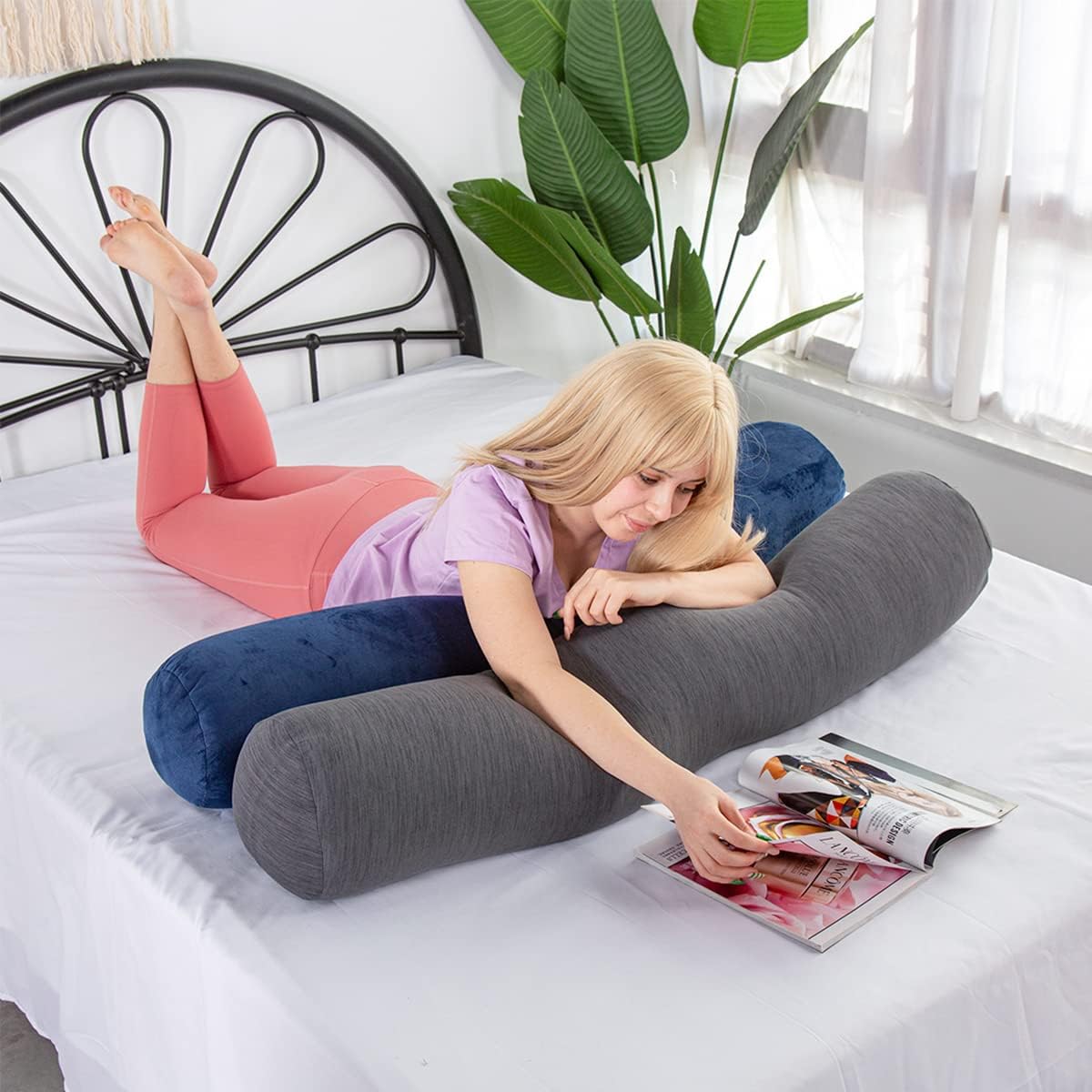 1 MIDDLE ONE Body Pillow, Bolster Pillow with Cooling Cover, Long Round Roll Cylinder Pillow for Bed, 35" x 7.87", Blue