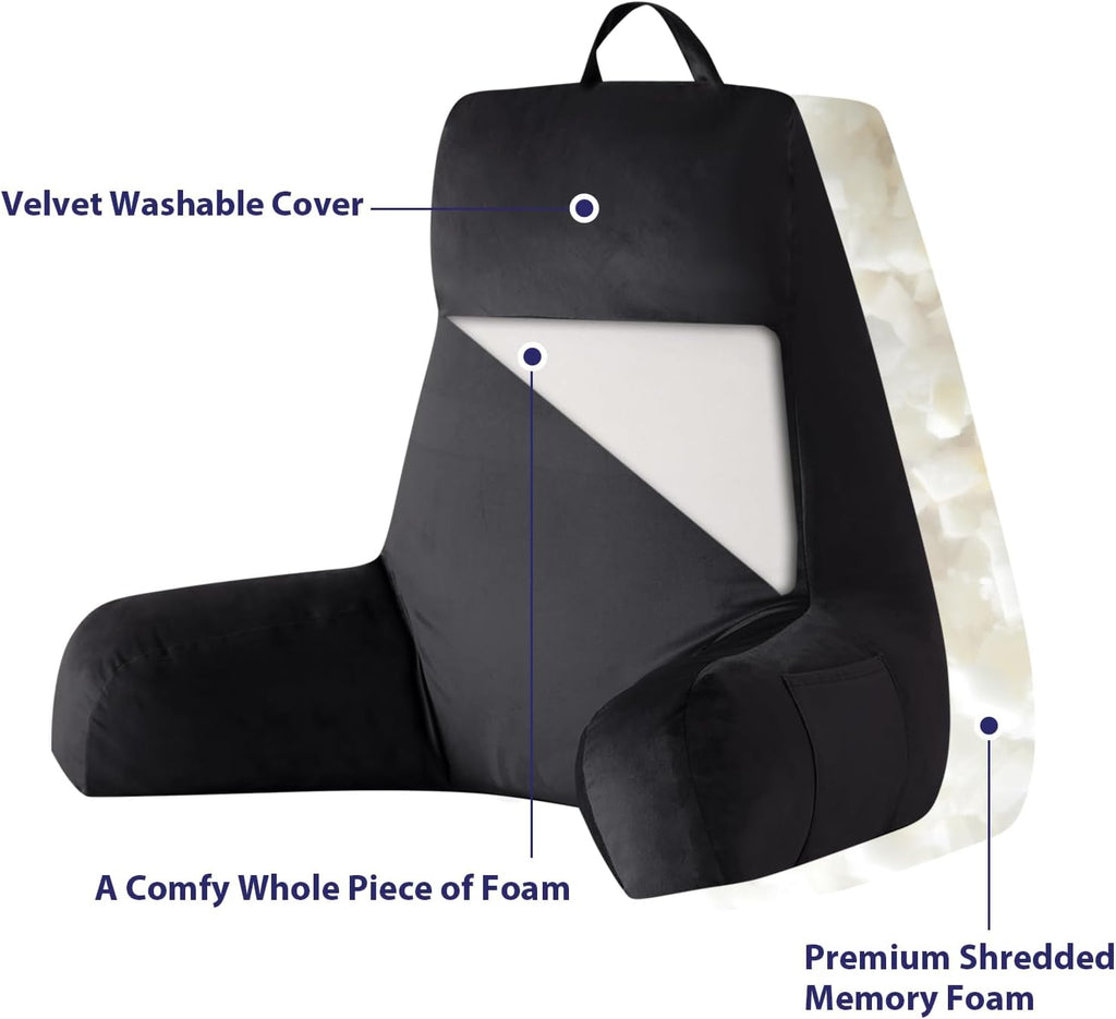 Ipynbap Reading Pillow with Arms for Adult, Back Pillow for Bed Sitting Up, Shredded Memory Foam Backrest Pillow with Pockets & Removable W…