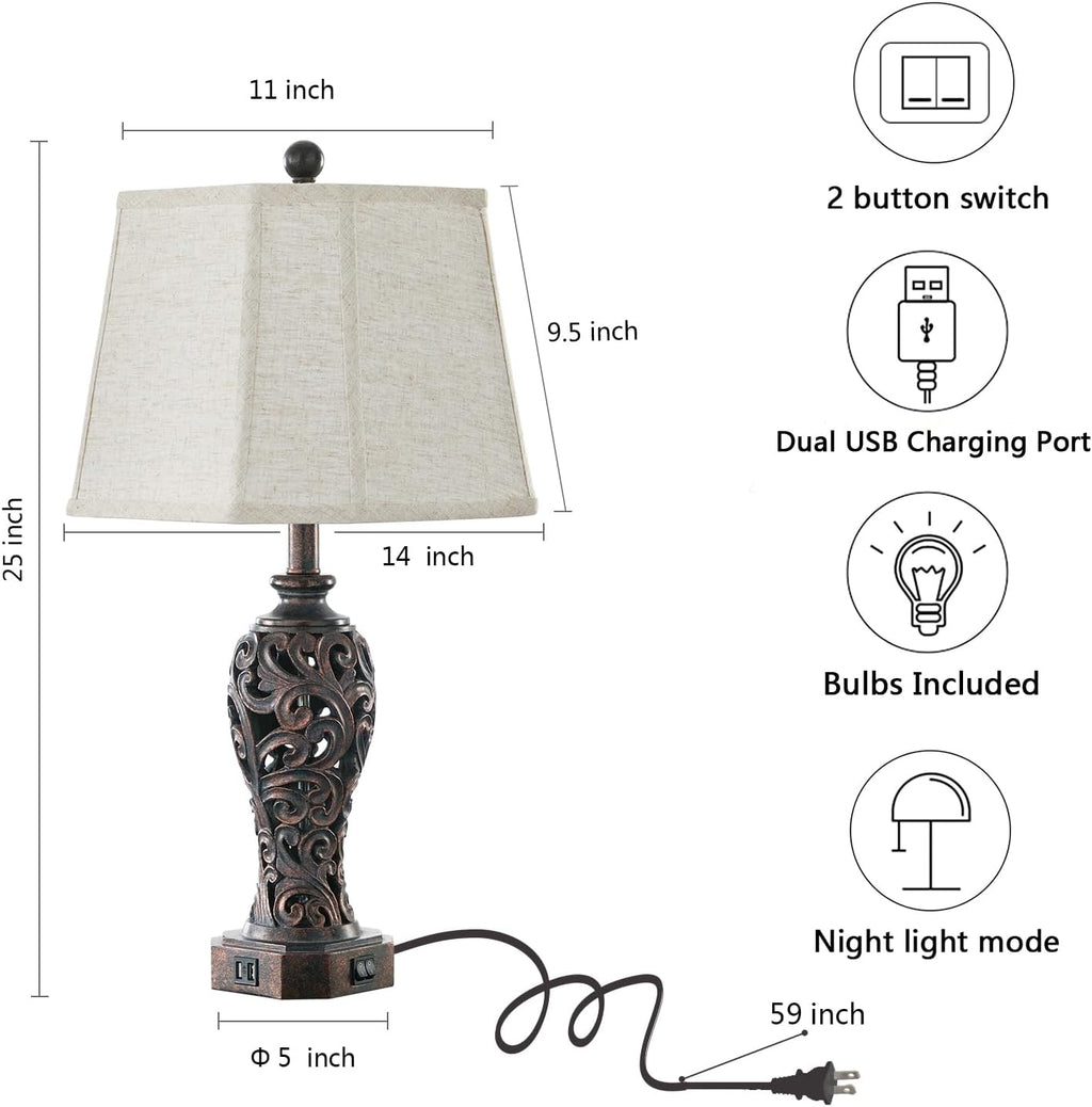 Set of 2 Farmhouse Table Lamps for Living Room, Rustic Vintage Nightstand Lamp with 2 USB Port, Bronze Resin Lamps for Bedroom End Table…