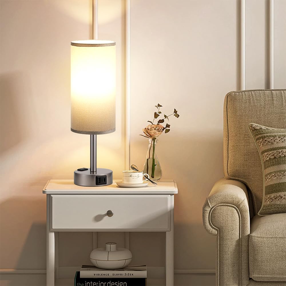 Fenmzee Grey Bedside Table Lamp for Bedroom - 3 Way Dimmable Touch Lamp USB C Charging Ports and AC Outlet, Small Lamp for Living Room…