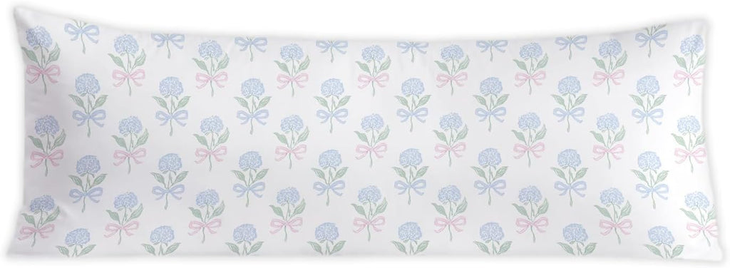 Coquette Pink and Blue Bow Hydrangea Floral 20x54 Body Pillow Cover, Coastal Grandma Decor, Cottagecore Blue and Green Botanical Flower…