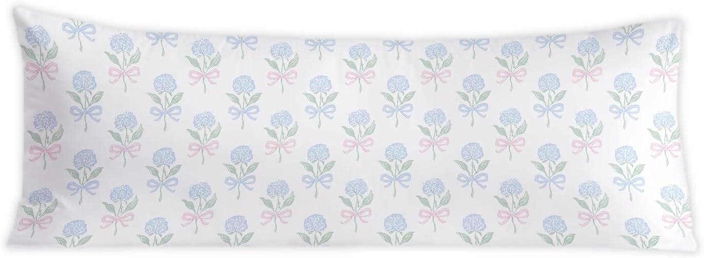 Coquette Pink and Blue Bow Hydrangea Floral 20x54 Body Pillow Cover, Coastal Grandma Decor, Cottagecore Blue and Green Botanical Flower…