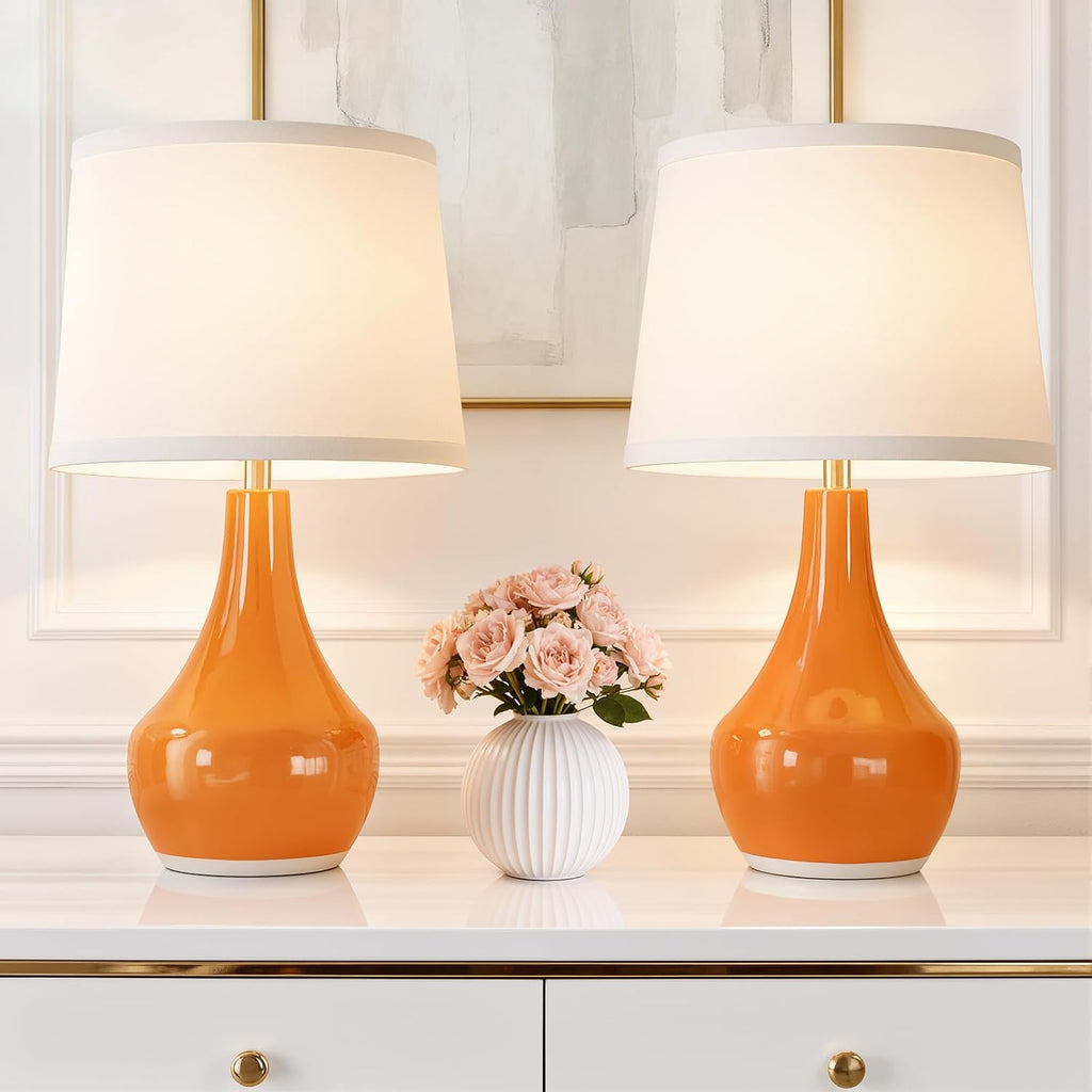 Seealle Modern Ceramic Table Lamps for Night Stands - Bedside Lamps Set of 2 for Nightstand, Orange Bedroom Lamp for Living Room Cute Desk…