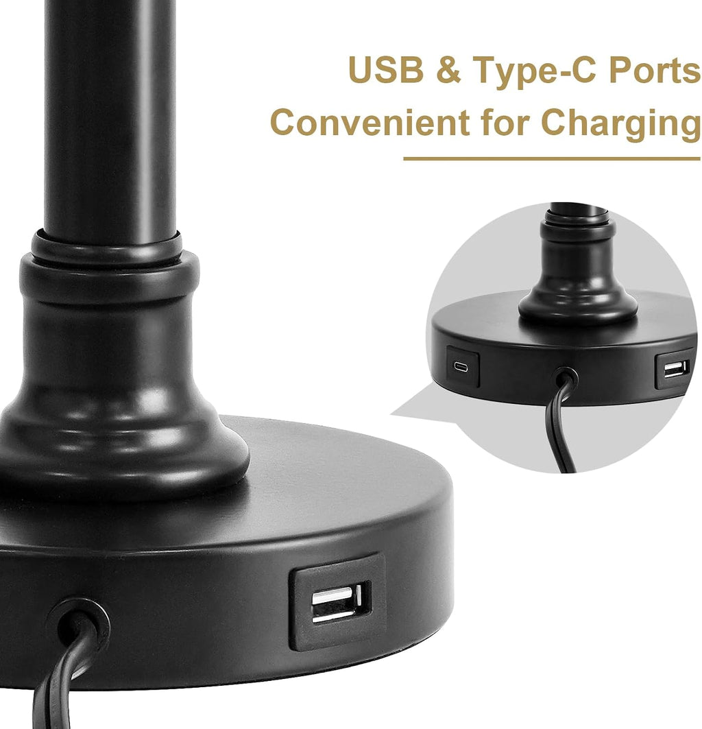 Oneach 19.5" Small Table Lamp with USB A+C Charging Ports, Black Modern Rustic Bedside Lamp with Natural Shade, Black Metal Pull Chain…