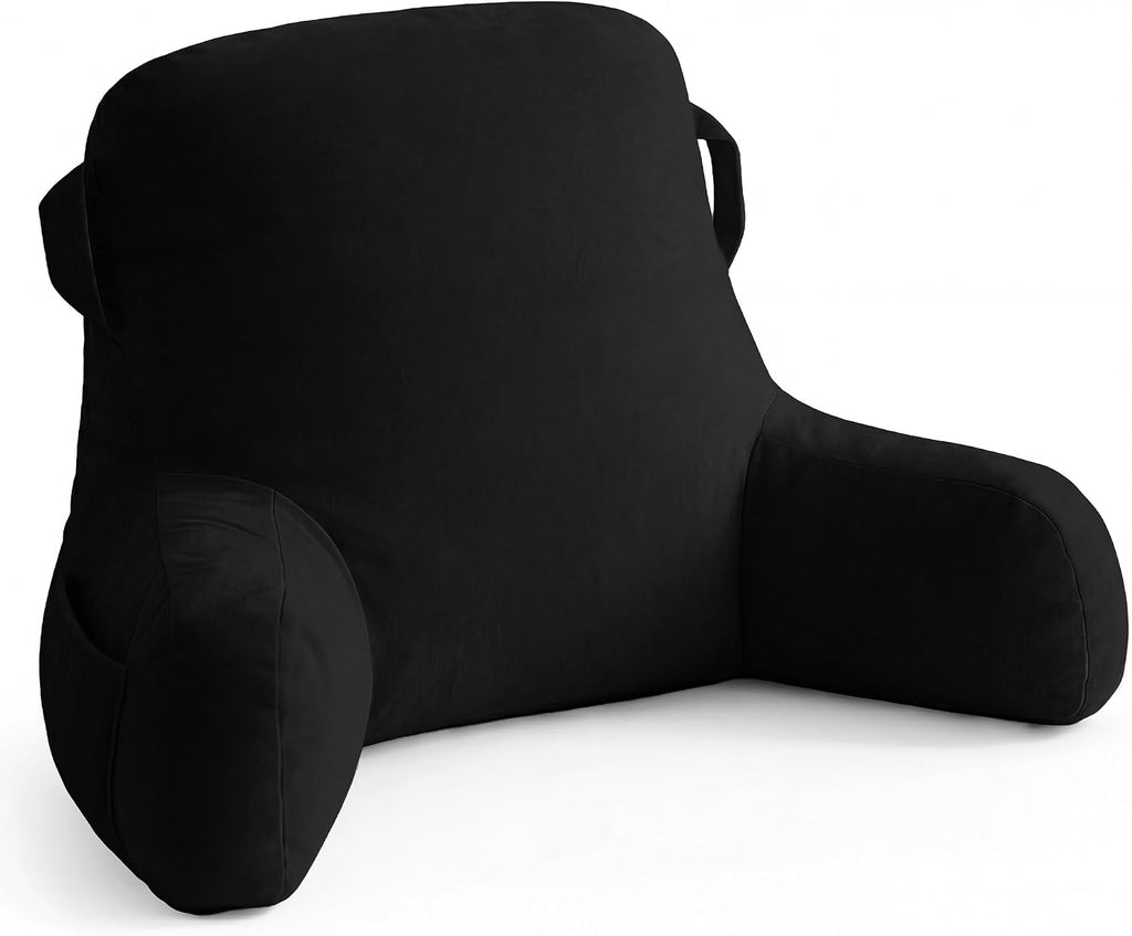 Unisakey Portable Comfy Reading Pillows for Bed Sitting Up(Black Oeko-Tex), Velvet Back Pillow with Arms & Pockets for Adults, Support…