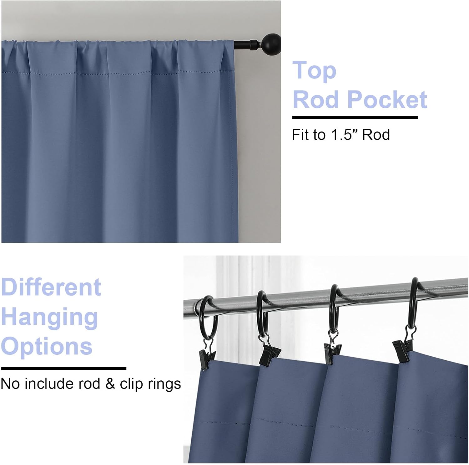Simplebrand Ava Denim Blue Blackout Curtains for Bedroom 63 Inch Length 2 Panels, Solid Thermal Insulated Energy Saving Rod Pocket Window T…