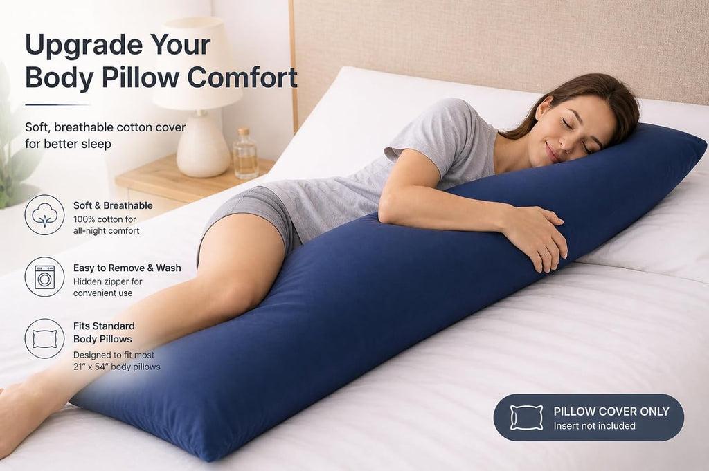 Evolive New 300TC Thread Count 100% Cotton Body Pillow Cover/Case Replacement with Hidden Zipper Closure 21"x54" (Navy)