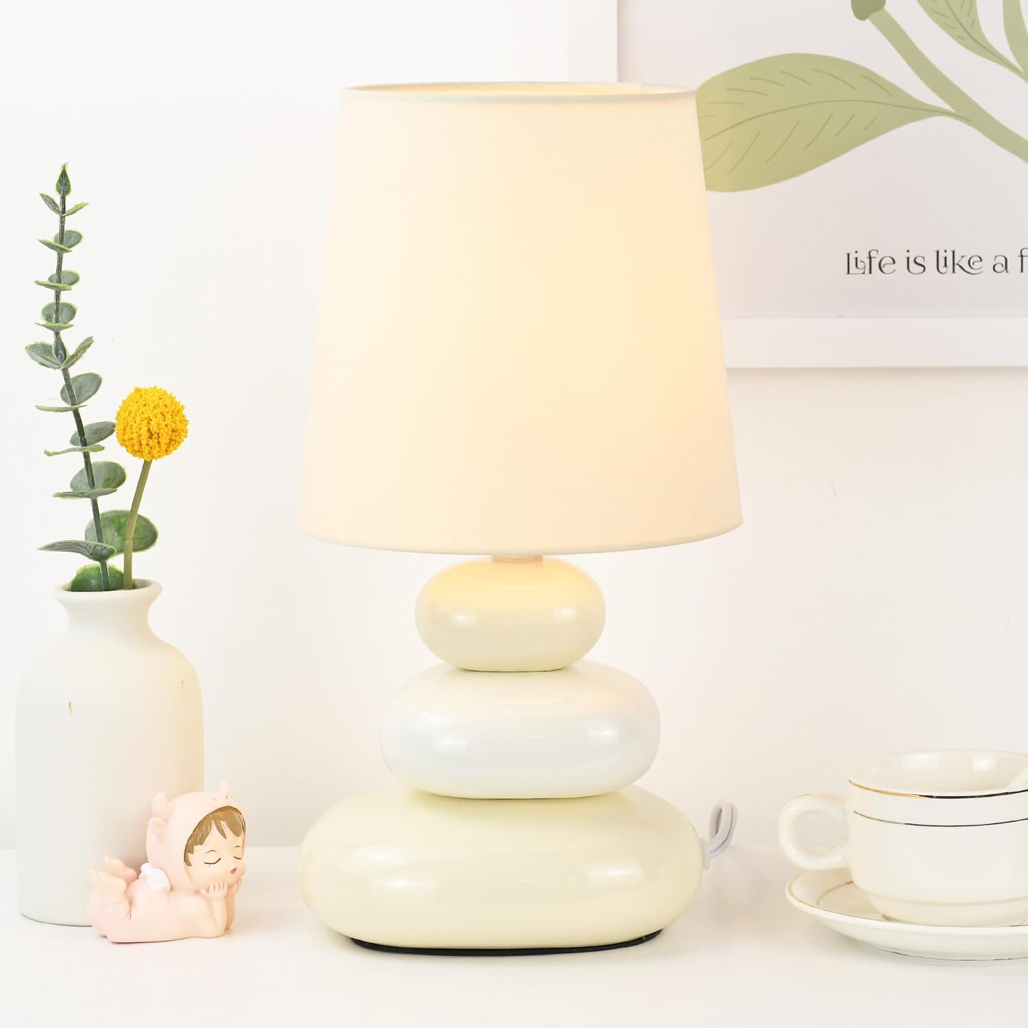 LULE Cream Small Table Lamp for Living Room as Bedside Table Lamp for Bedroom, Modern Ceramic Kids Night Table Lamp, Φ6.5×H12.2IN, Bulb…