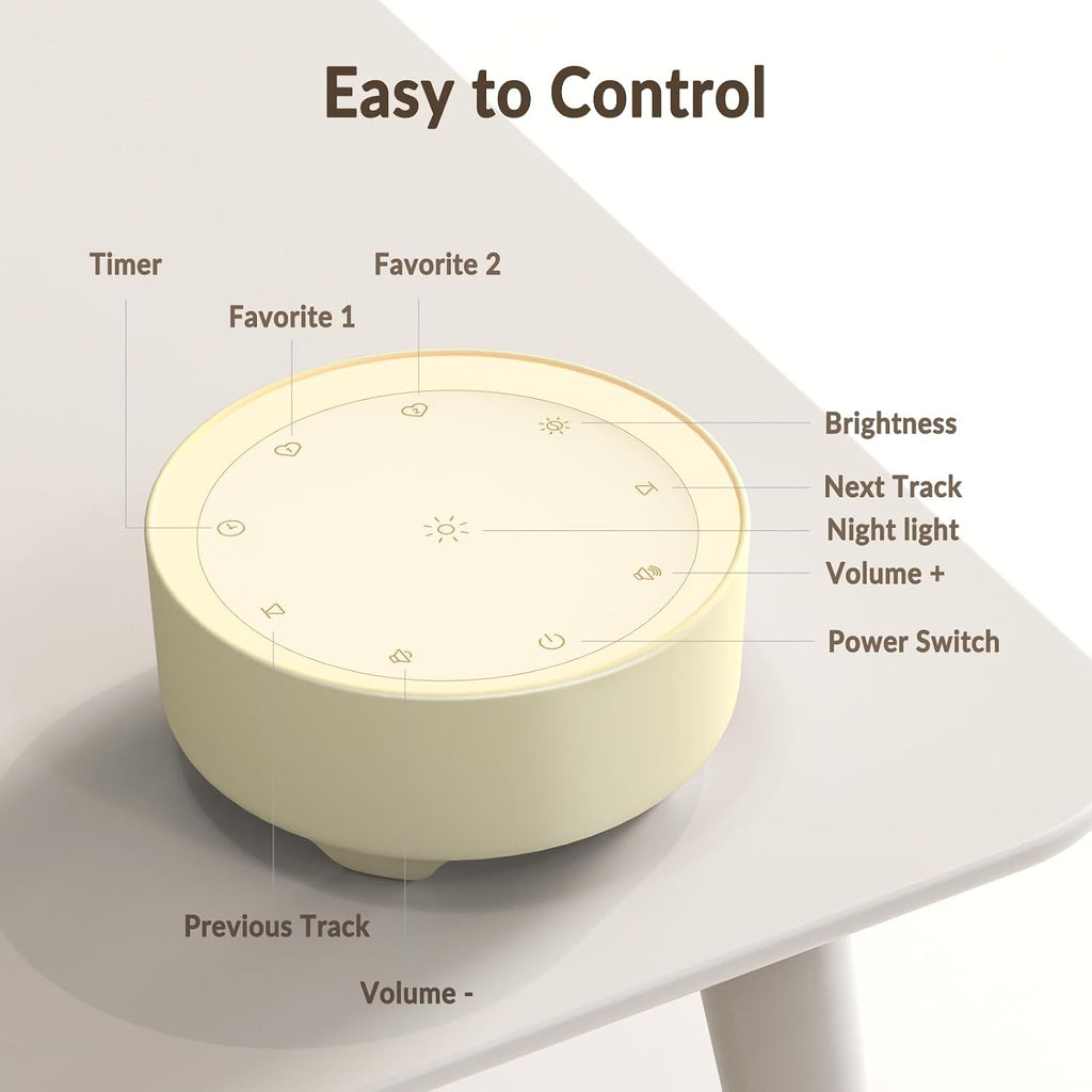 Kipcush® White Noise Machine for Baby and Adults, 20 Soothing Sleep Sounds, Custom Shortcut Buttons, Warm Night Light, 8 Hour Timer