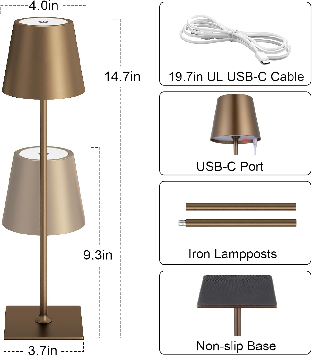 Kakanuo Brown Cordless Rechargeable Table Lamp 5000mAh Battery Operated Lamps, 3 Colors Stepless Dimming Touch Lamp for Living Room…