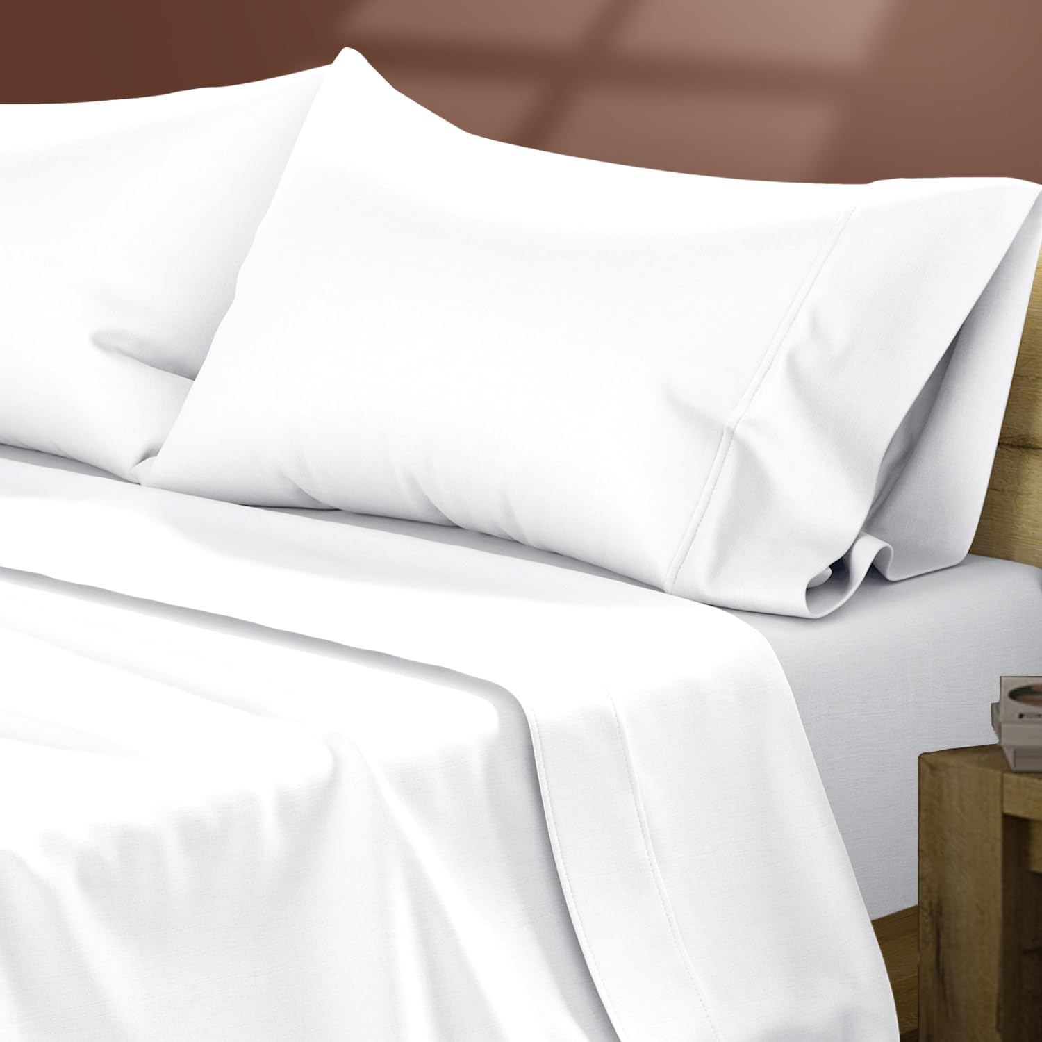 TEXAS LINEN CO. Egyptian Cotton Sheets Twin Size – 300 Series Twin Cotton Sheets Set (4 PC, White), Soft & Durable, Cooling, 16" Deep…