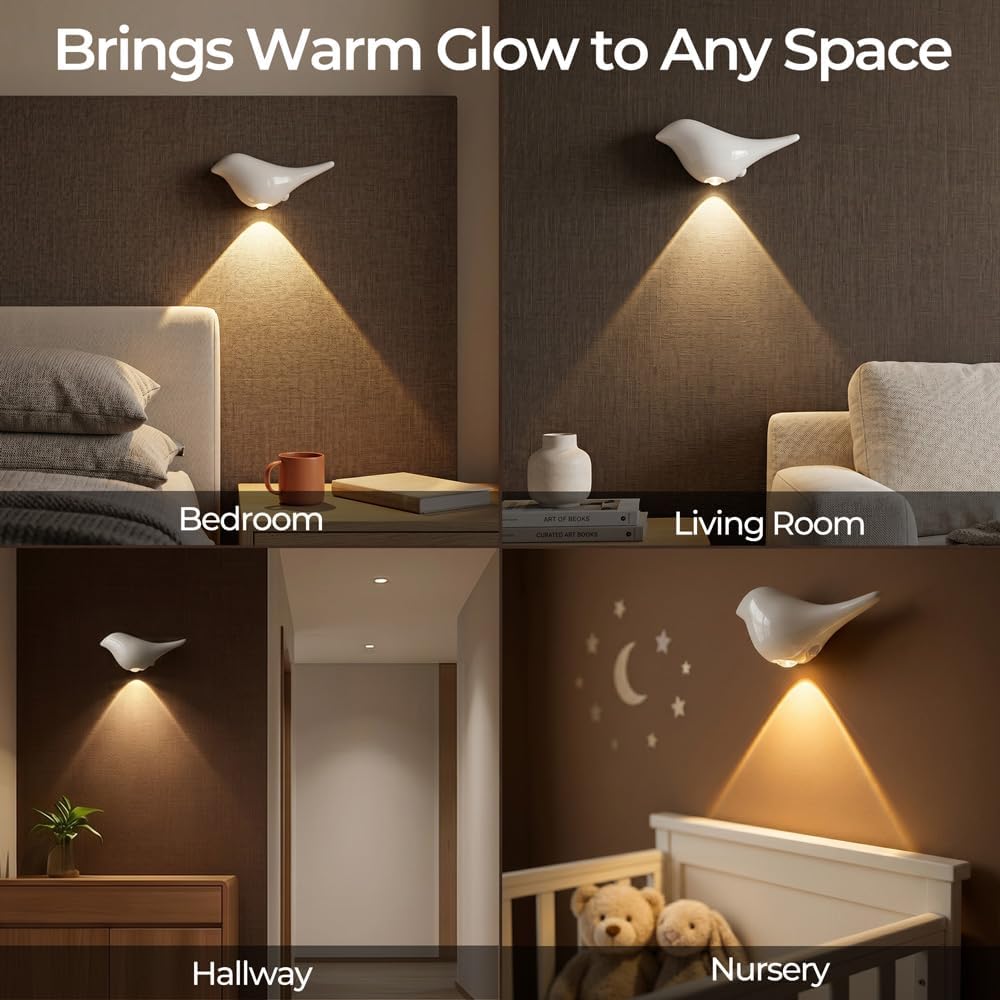 White Motion Sensor Night Light Indoor, Magnetic Wall Lamp, Rechargeable LED Bird Lamp, Wireless Stick On Light with Warm Soft Glow, Auto…
