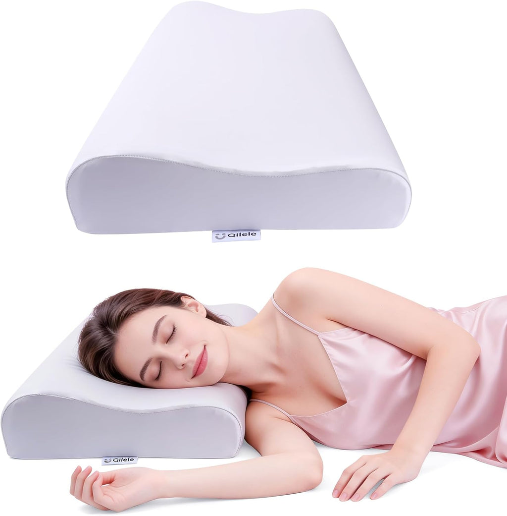 Ergonomic Memory Foam Pillow 2 heights: Mid-Low, Cervical Support Relieve Neck Back Pain, Breathable Cool Ice Silk Anti-Wrinkle Cover…
