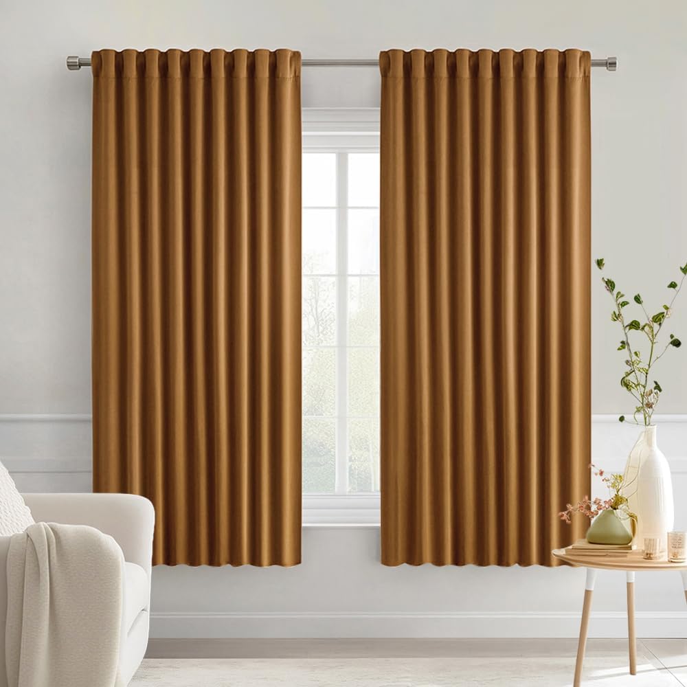 Miulee Golden Brown Back Tab Blackout Curtains 63 Inch Length 2 Panels Set for Living Room Bedroom Privacy, Rod Pocket/Pinch Pleat Thermal…