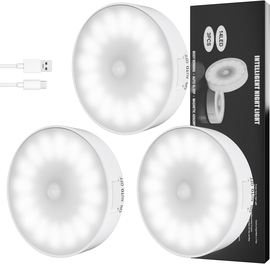 Motion Sensor Light Indoor [Upgraded 14 LEDs], 3 Pack Rechargeable Night Light, Wide Detection Range, 3 Light Modes, Bedroom Closet…