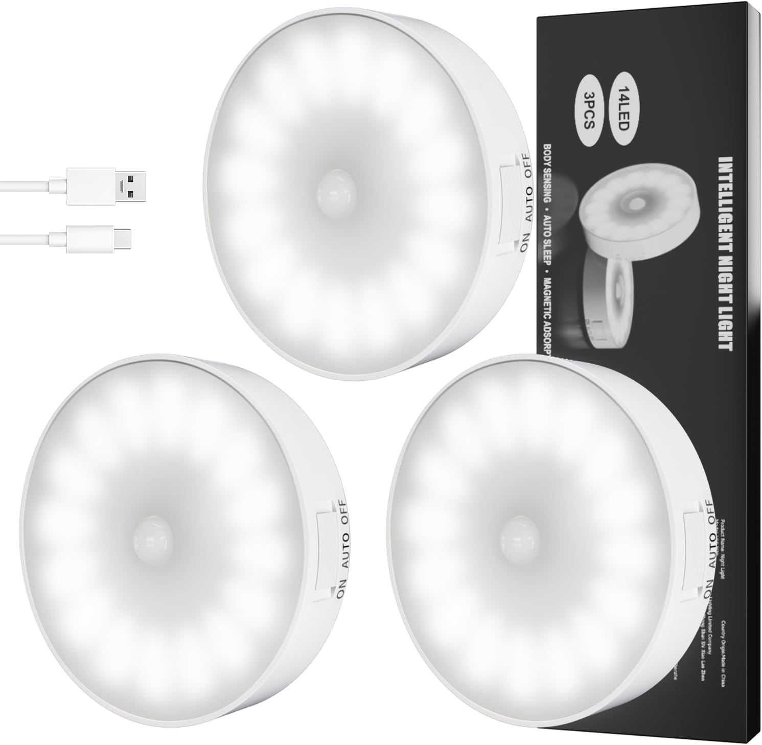 Motion Sensor Light Indoor [Upgraded 14 LEDs], 3 Pack Rechargeable Night Light, Wide Detection Range, 3 Light Modes, Bedroom Closet…