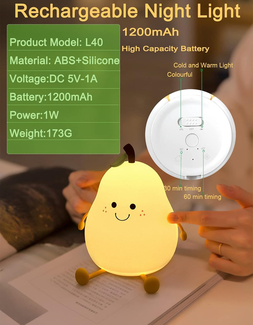 Happybag Cute Silicone Night Light for Kids, Dimmable Nursery Pear Lamps, Kawaii Room Decor Fruit Night Light Bedside Lamp for Baby and Toddl…