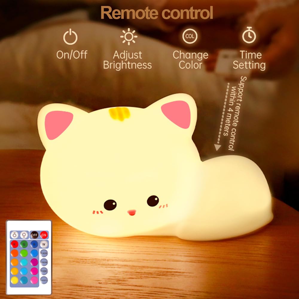 Myratts Led Cute Cat Night Light, 16 Colors Dimmable Nursery Kawaii Nightlight, Super Squishy Silicone USB Rechargeable Remote Control Nigh…