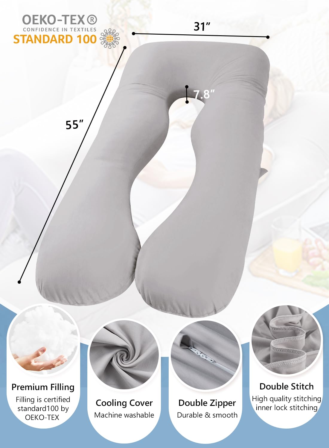 Meiz Pregnancy Pillow, Cooling Silky Pregnancy Pillows for Sleeping, Maternity Body Pillow for Pregnant Woman with Cooling Silk Jersey Cove…